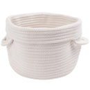 a white knitted basket with handles