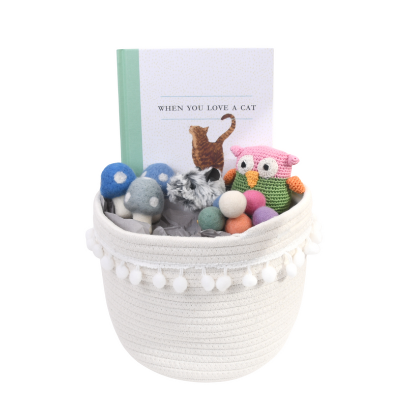 basket with stuffed animal toys and a book