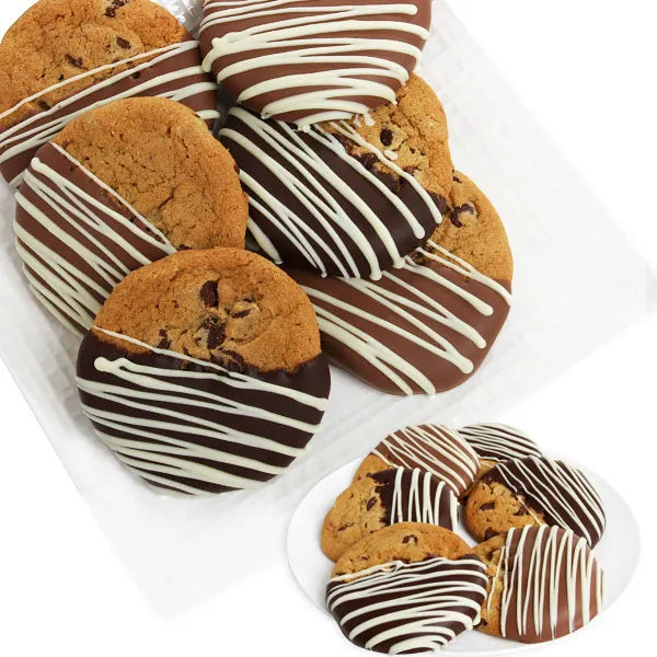 a pile of cookies with chocolate and white stripes
