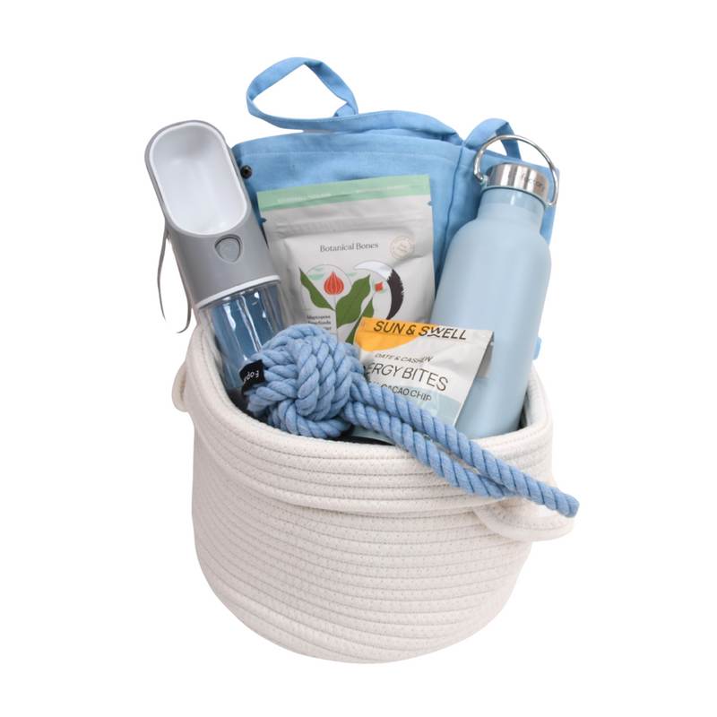 basket with a water bottle and a rope