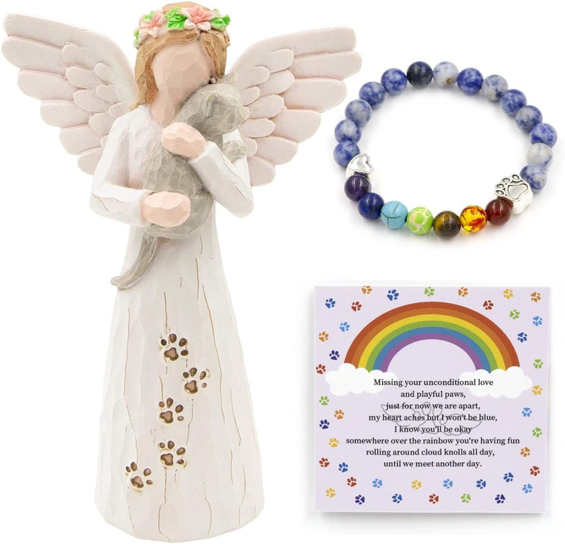 statue of a angel holding a cat and a bracelet