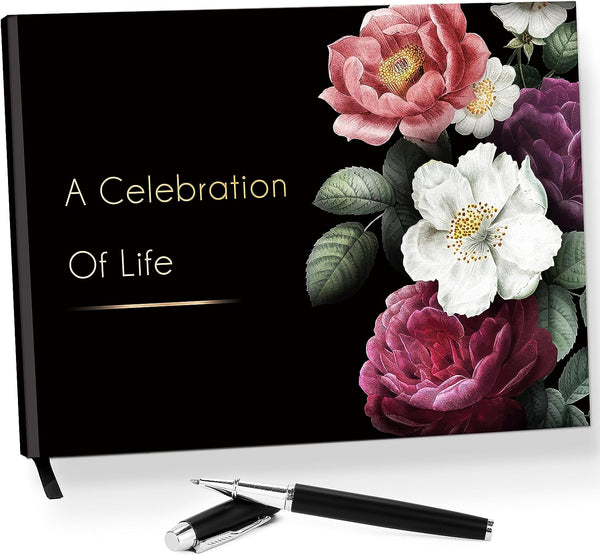 Hardcover Black Floral Celebration of Life Guest Book with Pen